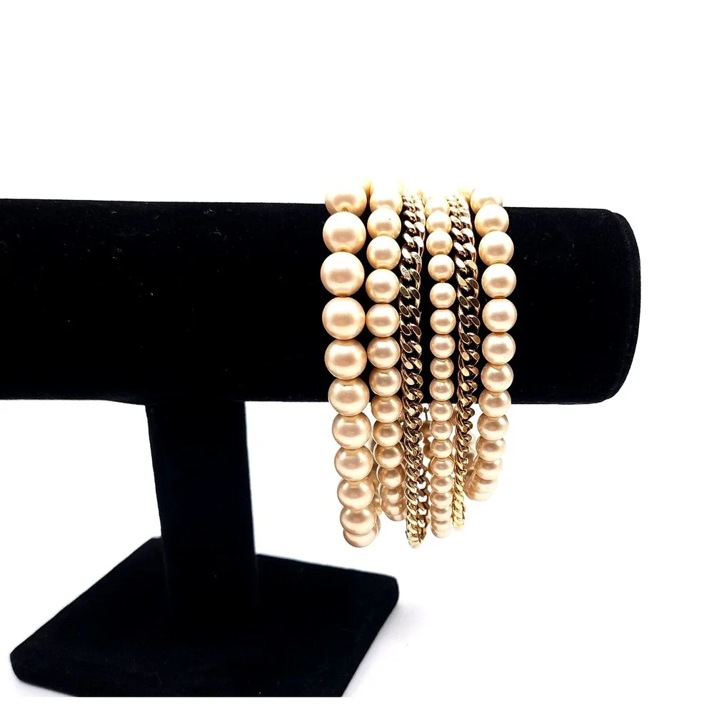 Givenchy Gold Tone Curb Chain Faux Pearl Multi Strand Bracelet 7.5in